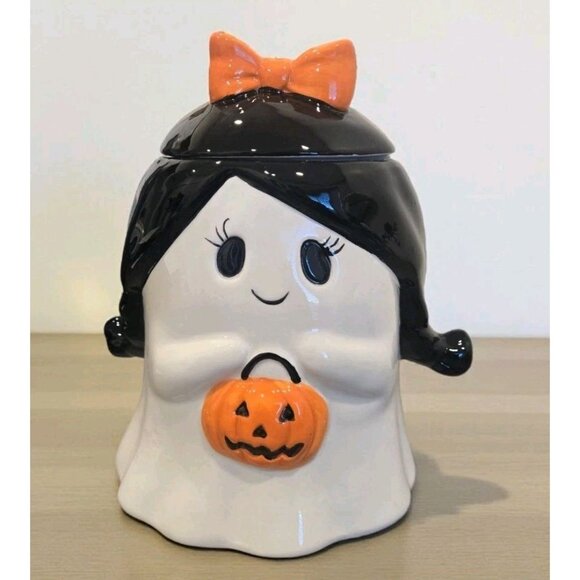 New Halloween Spooky Ceramic Girl Ghost W/ Bow Cookie Jar Decorative Figurine - Picture 1 of 3